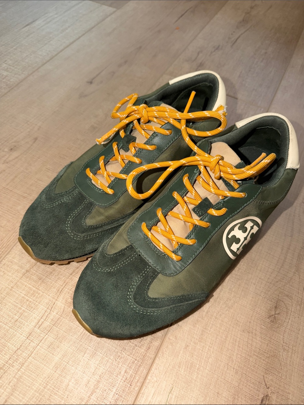 Tory Burch Annie Nylon Green Suede Women’s Sneakers with Yellow Laces-10.5
